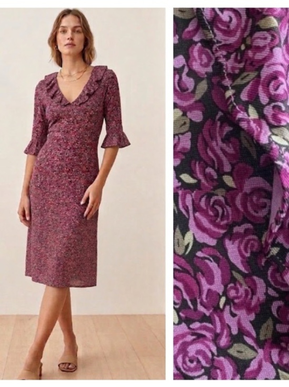 DVF Diane Von Furstenberg Vintage Purple Floral Rosette Ruffle Silk Dress 2
